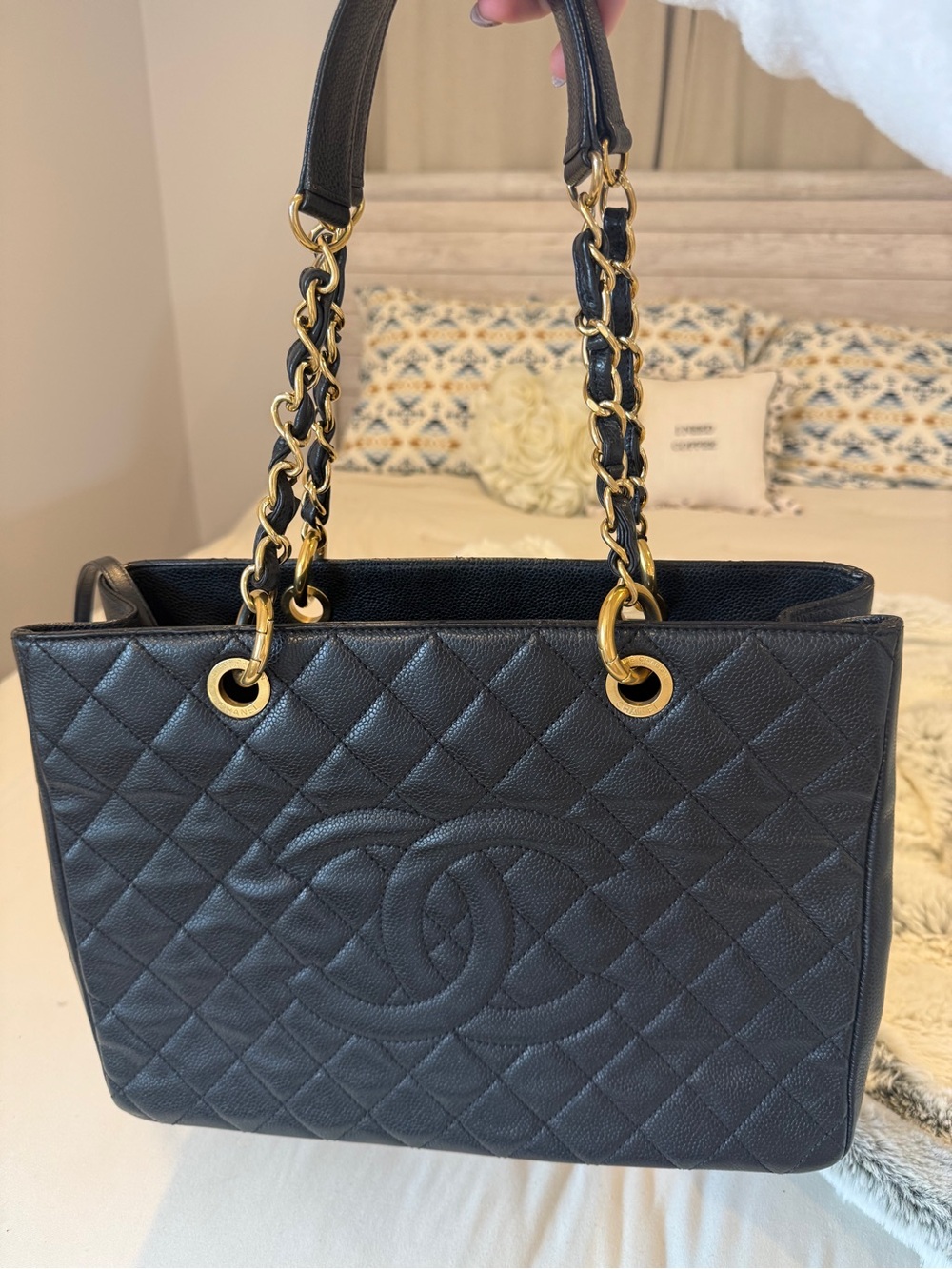 CHANEL Grand Shopping Tote GST Black Caviar Leather Gold Hardware Authentic COA